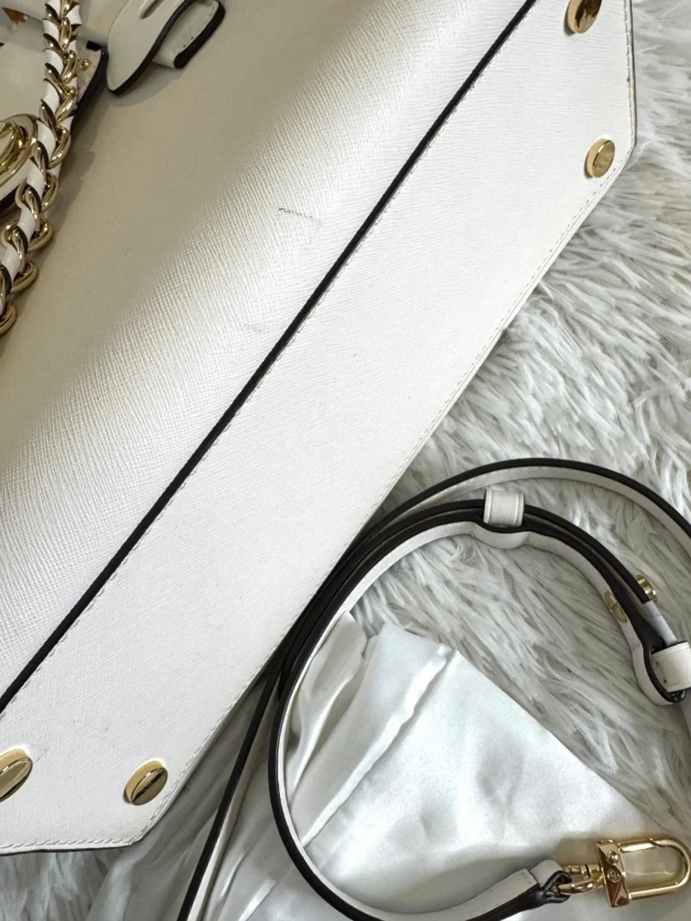 Michael Kors White Leather Studded Satchel Bag w/ Strap & Dust Bag